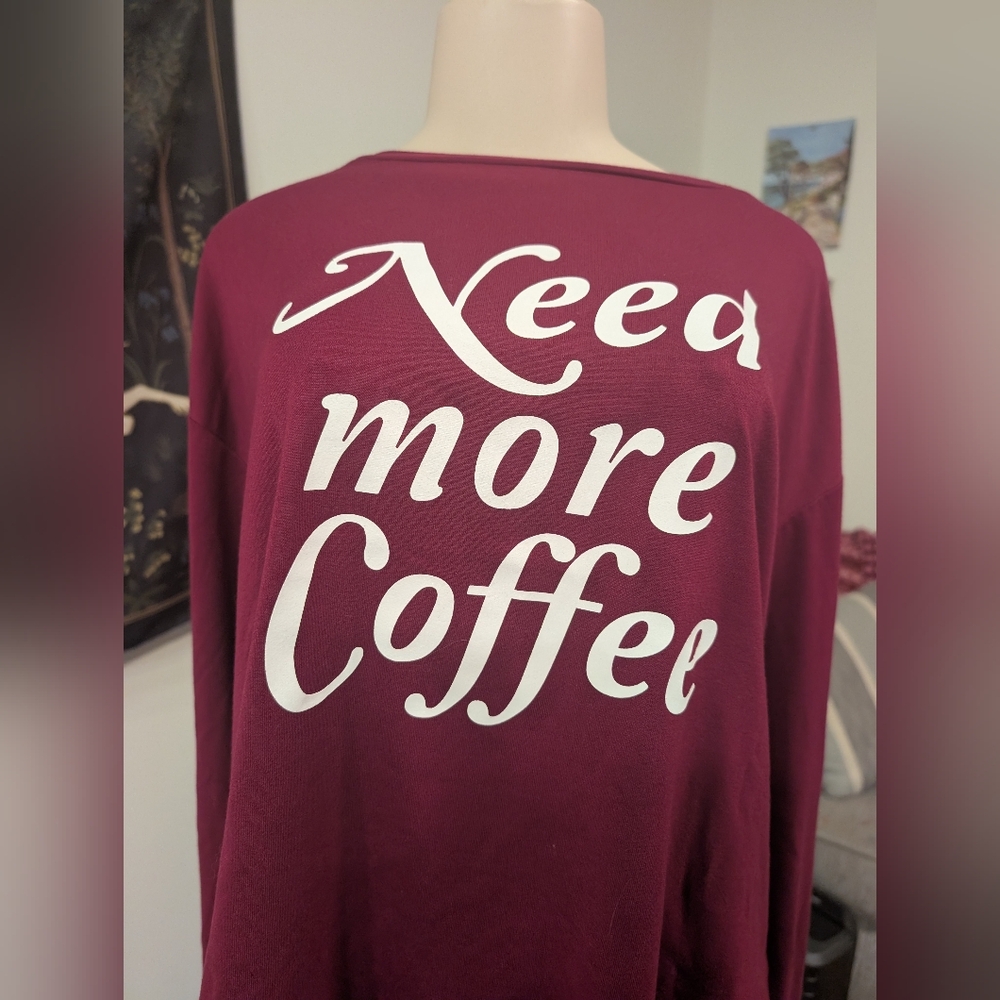 Express Maroon 'Need More Coffee' Long‎ Sleeve Shirt Size Large - Picture 5 of 9